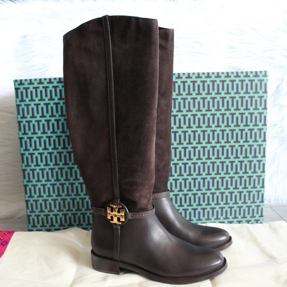 Tory Burch Miller Brown Leather Logo Knee High Tall Riding Boots - Picture 1 of 12